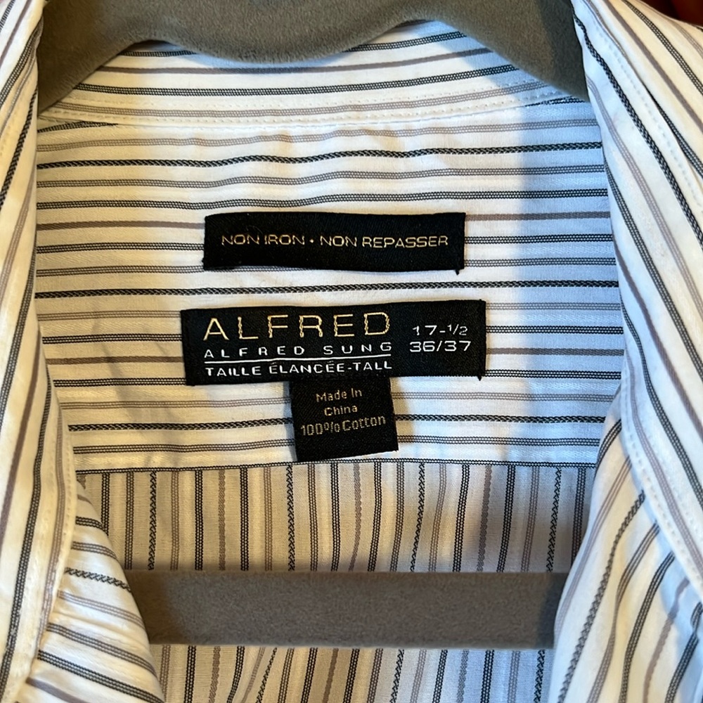 Alfred Sung Men’s Tall Dress Shirt 17.5 Neckline White & Grey Pin Stripe Quality